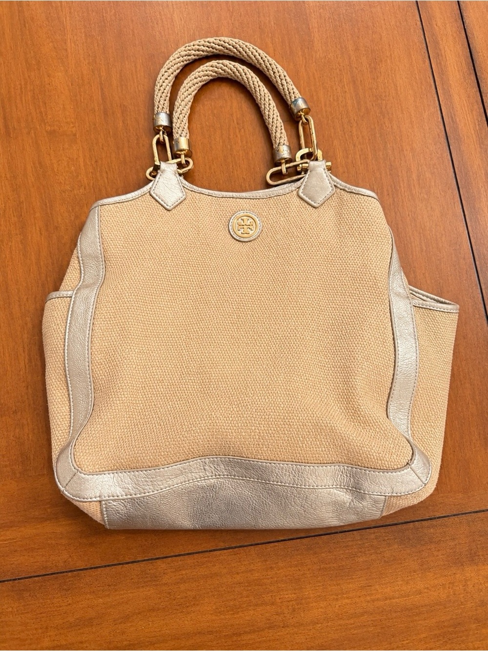 Tory Burch Gold Metallic Trim Canvas Tote Shoulder Bag